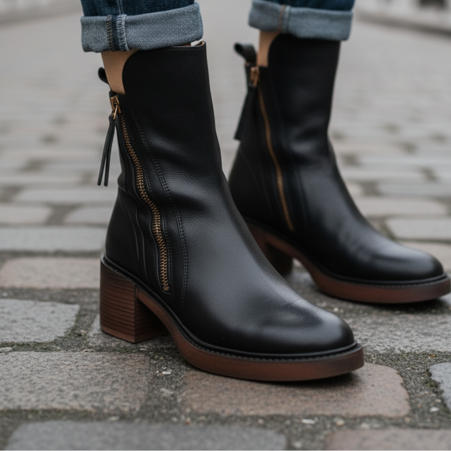 Gweana | Leather Ankle Boots with Block Heel