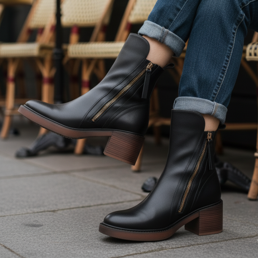 Gweana | Leather Ankle Boots with Block Heel