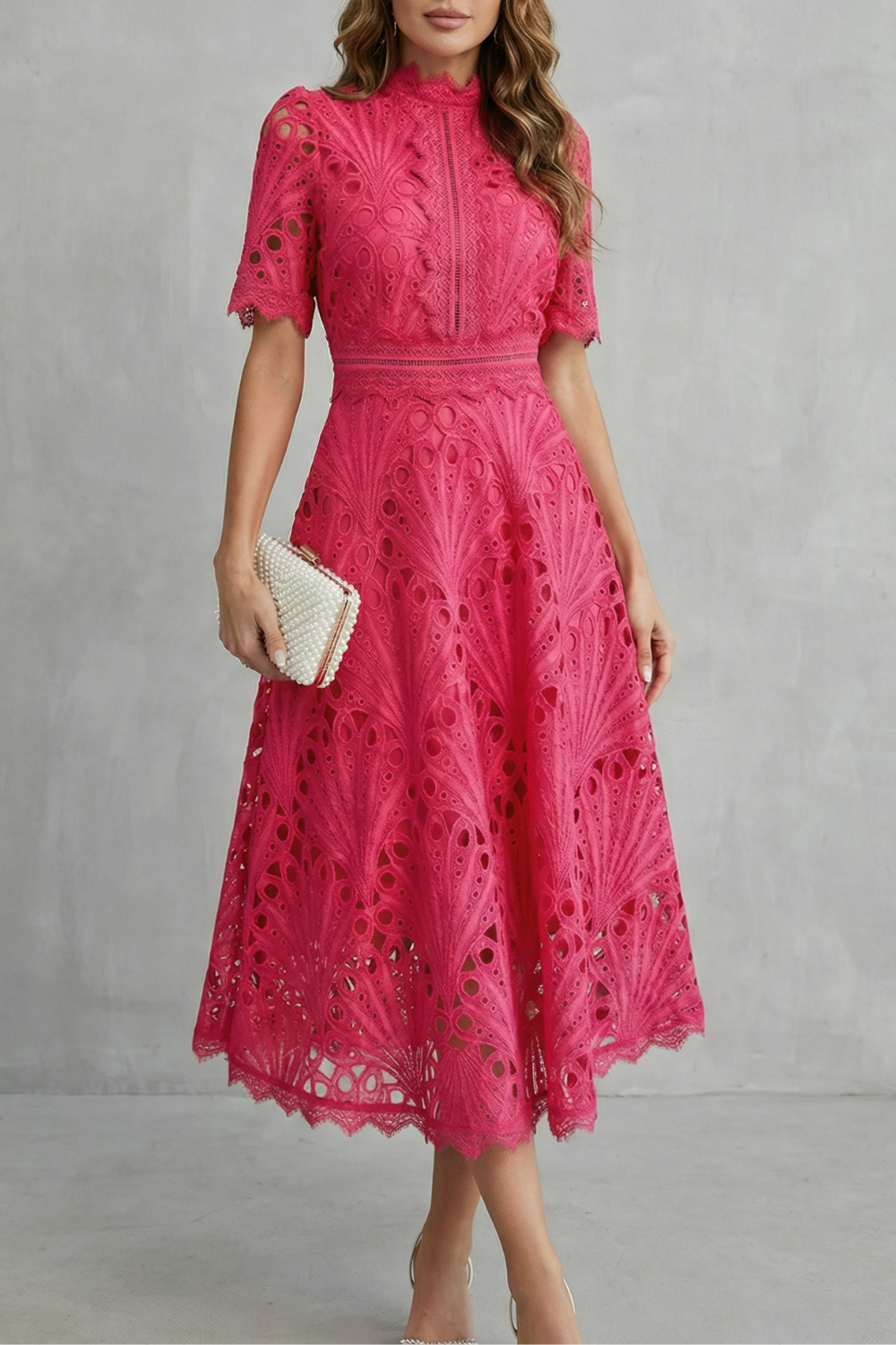 Helara | Lace High Neck Midi Dress Long Sleeve