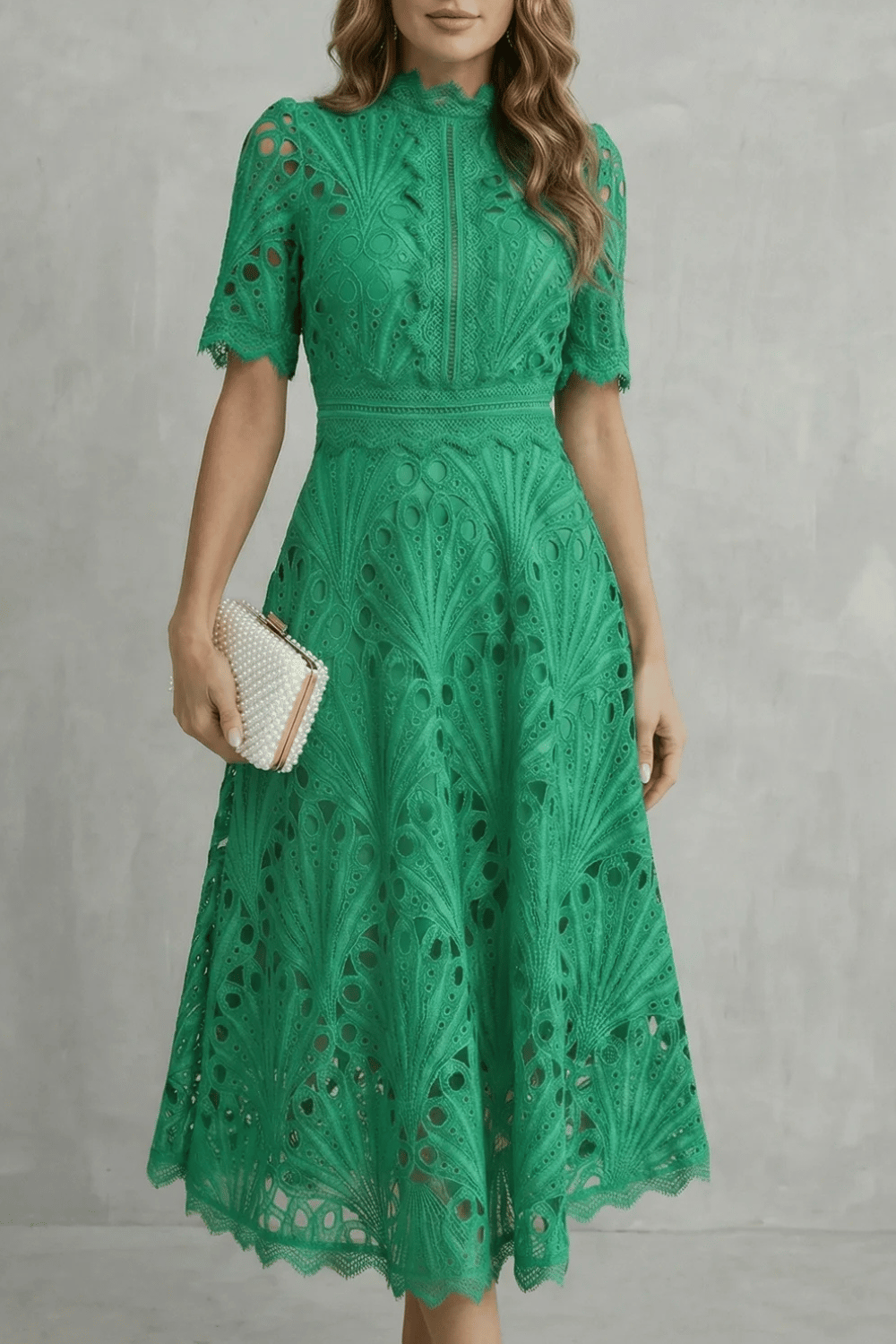 Helara | Lace High Neck Midi Dress Long Sleeve