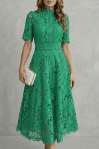 Helara | Lace High Neck Midi Dress Long Sleeve