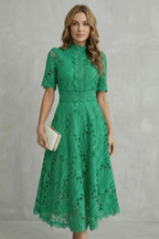 Helara | Lace High Neck Midi Dress Long Sleeve