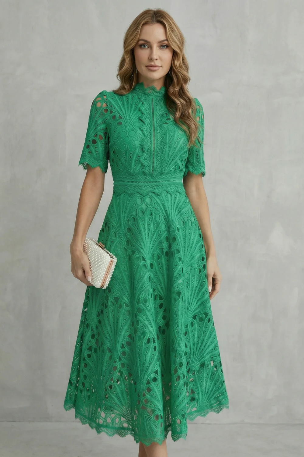 Helara | Lace High Neck Midi Dress Long Sleeve