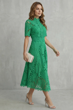Helara | Lace High Neck Midi Dress Long Sleeve