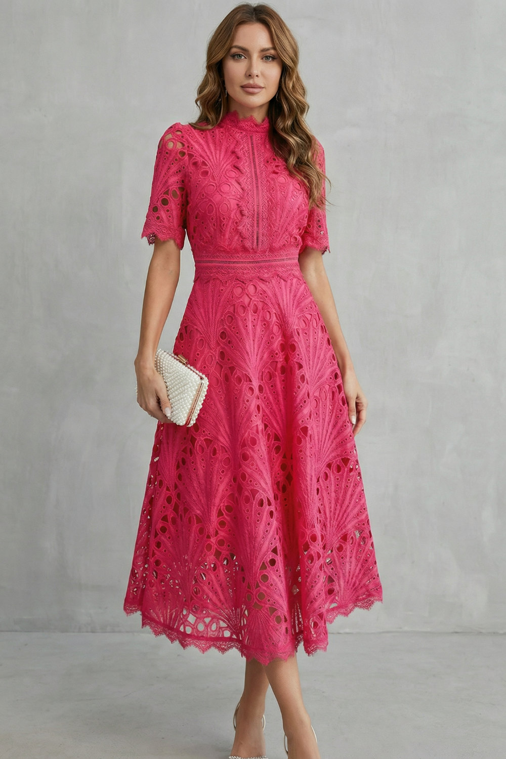 Helara | Lace High Neck Midi Dress Long Sleeve