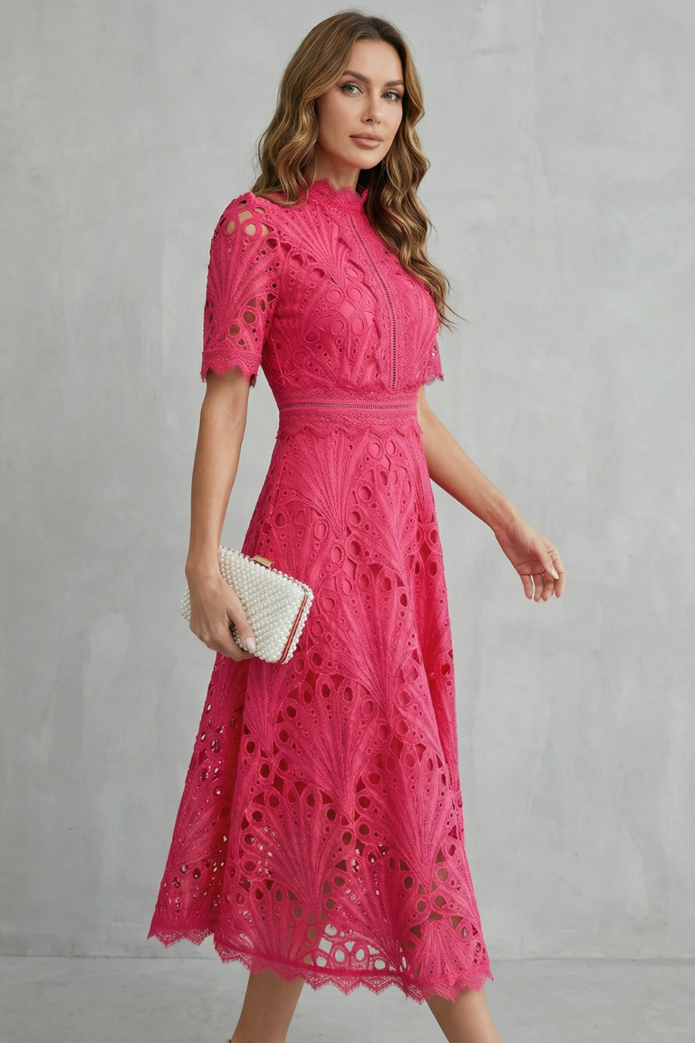 Helara | Lace High Neck Midi Dress Long Sleeve