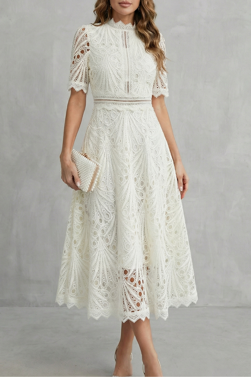 Helara | Lace High Neck Midi Dress Long Sleeve