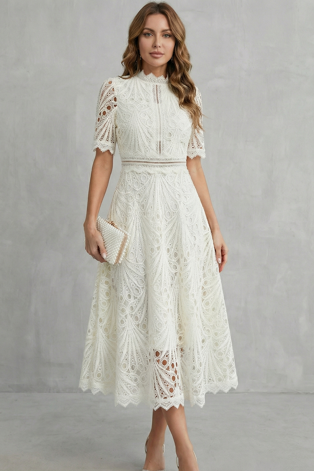 Helara | Lace High Neck Midi Dress Long Sleeve