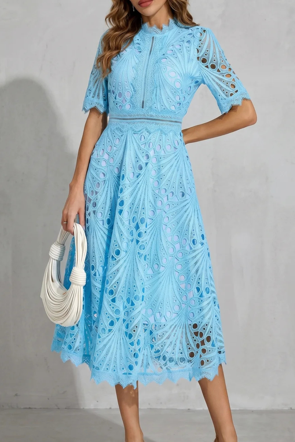 Helara | Lace High Neck Midi Dress Long Sleeve