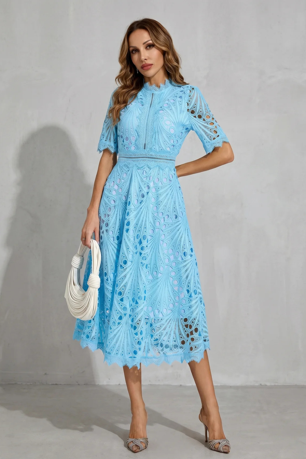 Helara | Lace High Neck Midi Dress Long Sleeve