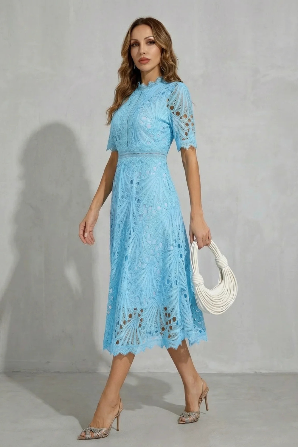Helara | Lace High Neck Midi Dress Long Sleeve