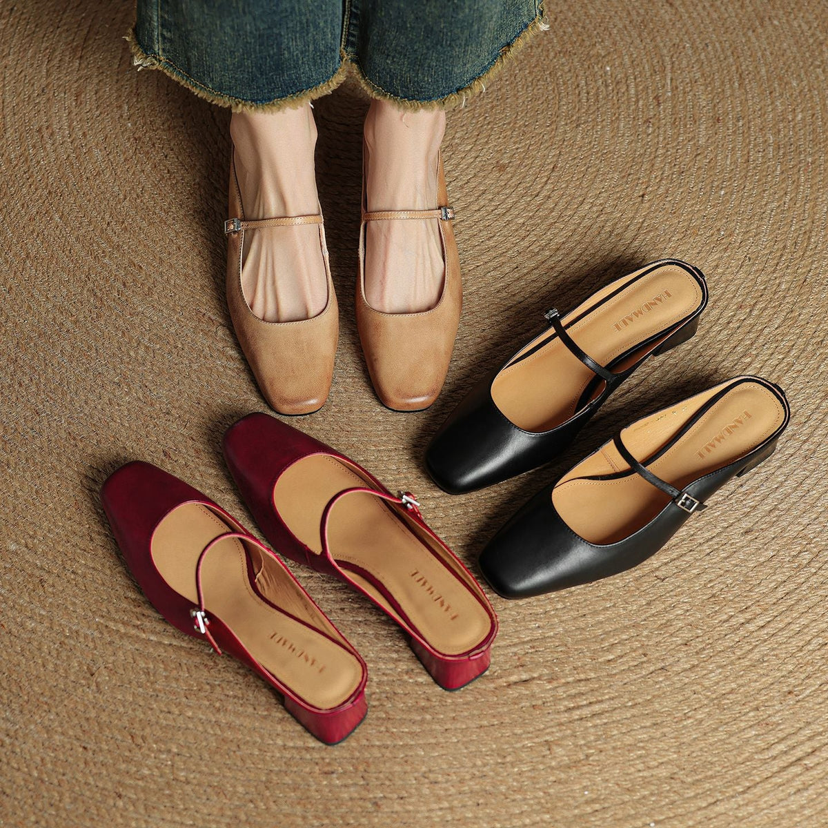 Ilanne | Square-Toe Leather Mules Block Heel