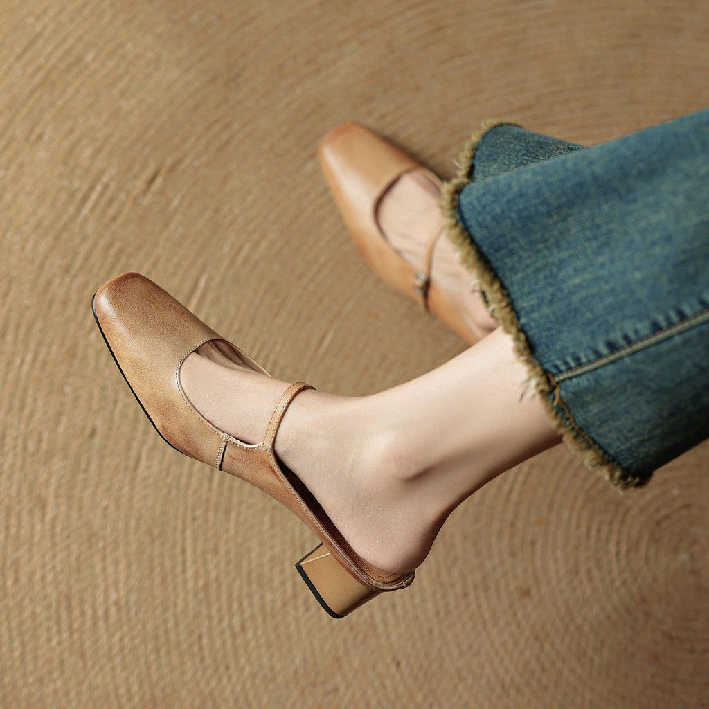 Ilanne | Square-Toe Leather Mules Block Heel