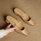Ilanne | Square-Toe Leather Mules Block Heel
