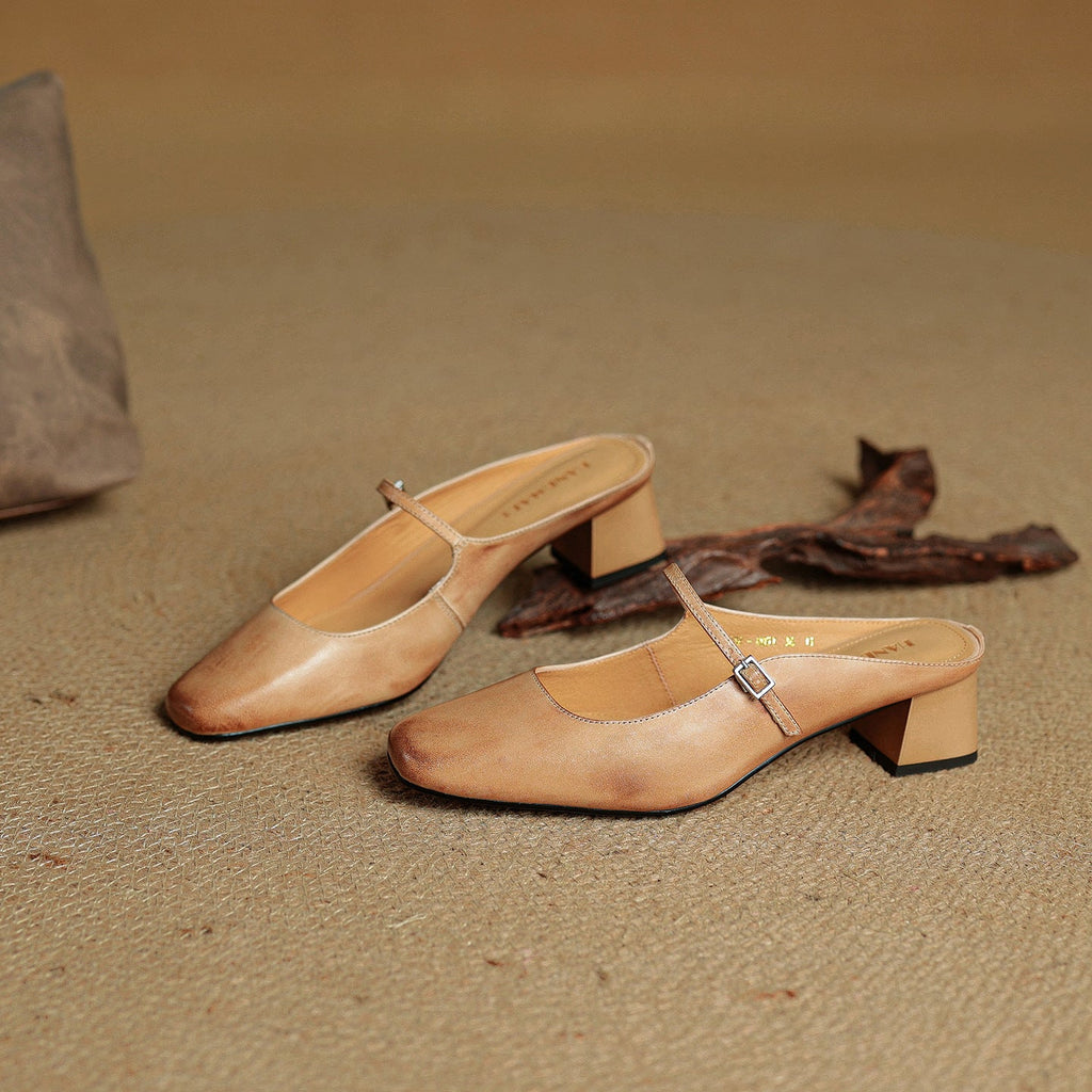 Ilanne | Square-Toe Leather Mules Block Heel