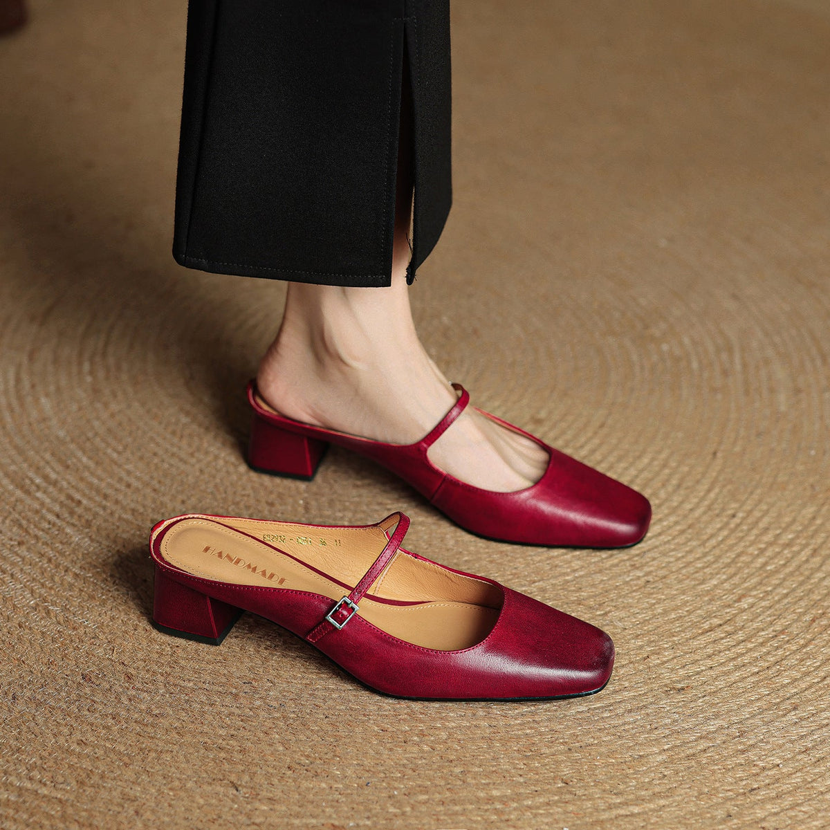 Ilanne | Square-Toe Leather Mules Block Heel