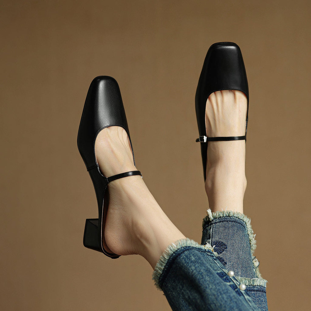 Ilanne | Square-Toe Leather Mules Block Heel