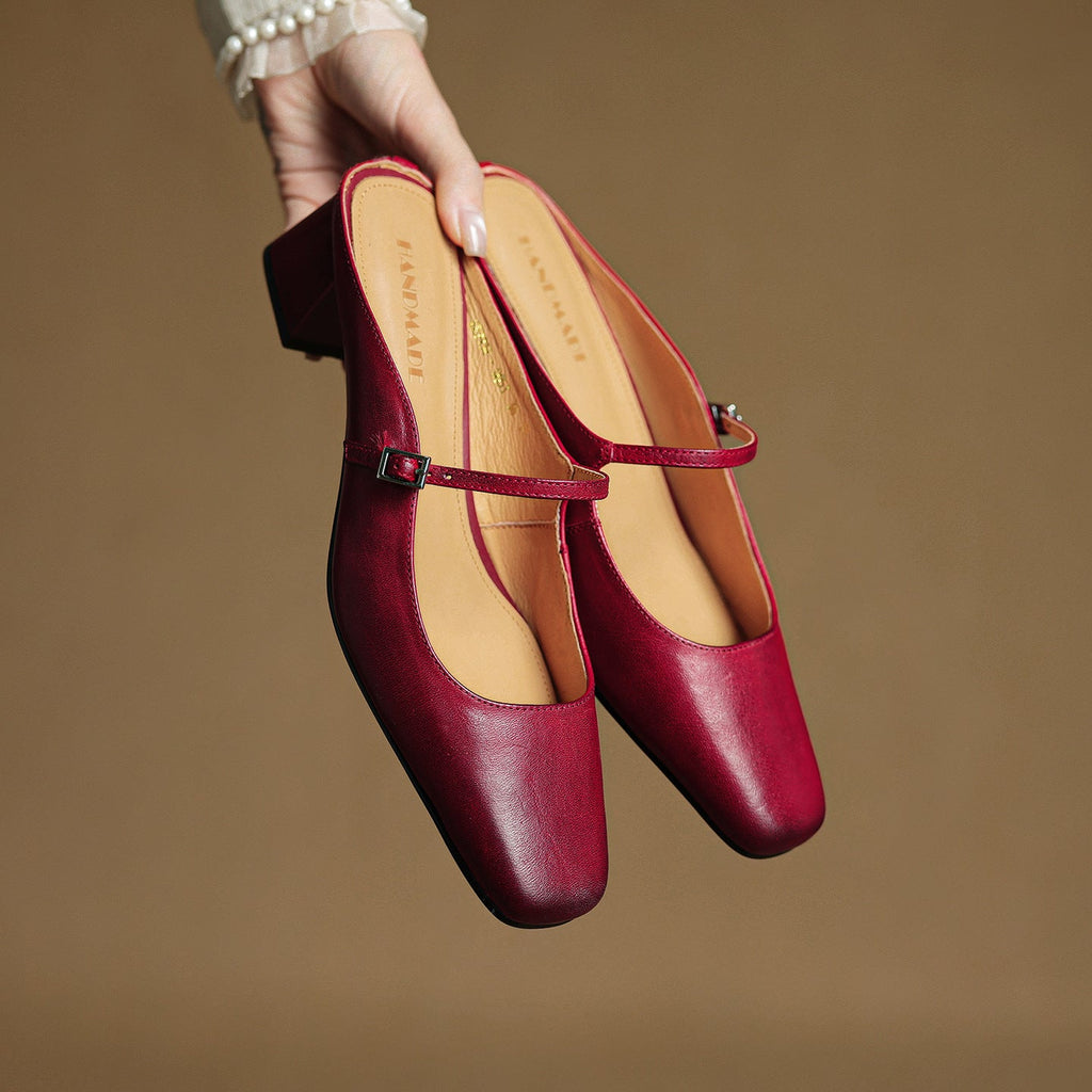 Ilanne | Square-Toe Leather Mules Block Heel