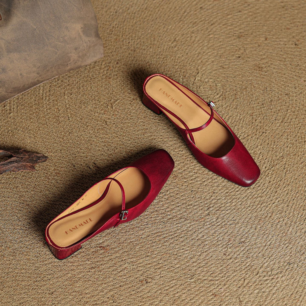 Ilanne | Square-Toe Leather Mules Block Heel