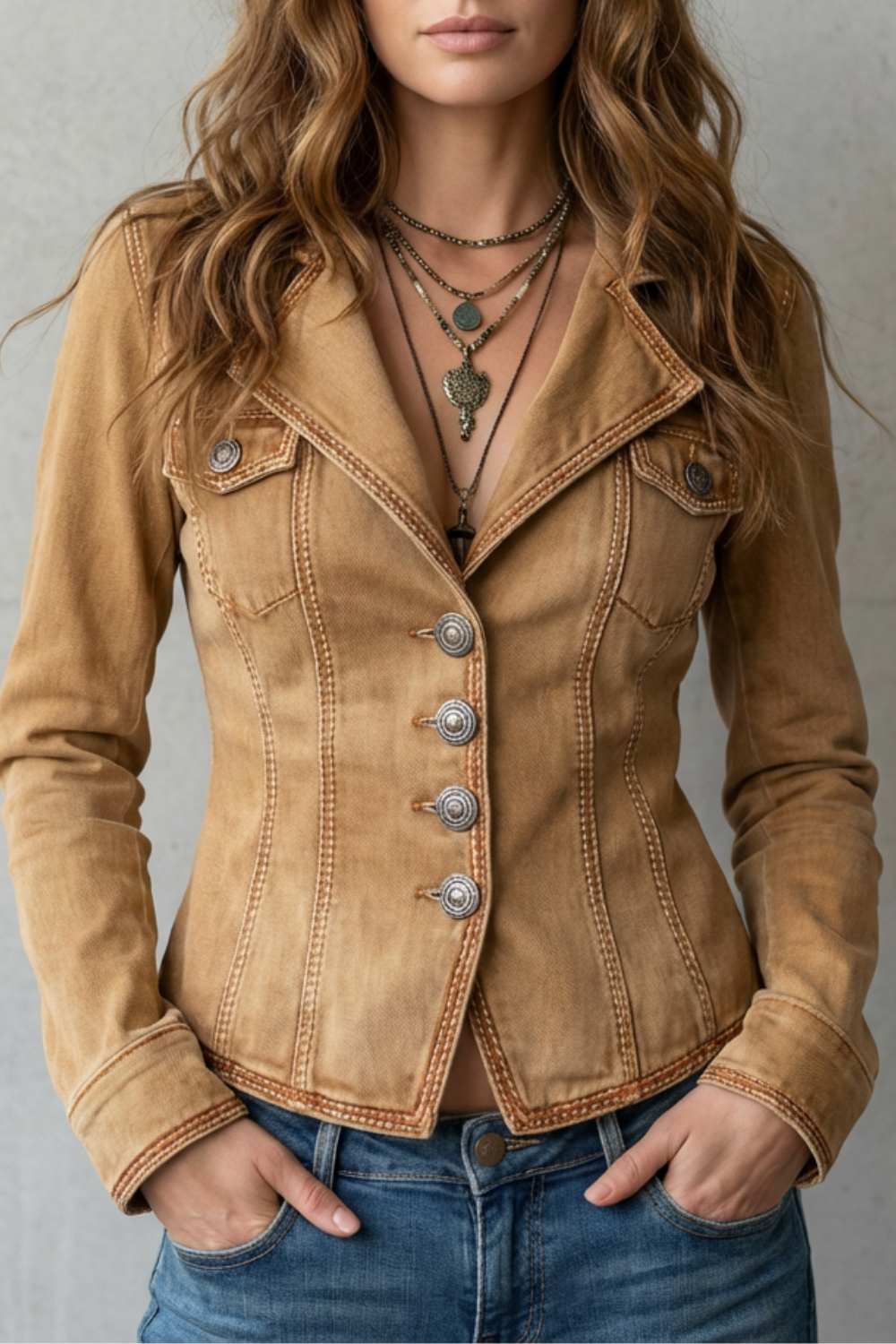 Isaena | Brown Denim Blazer with Sculpted Seams