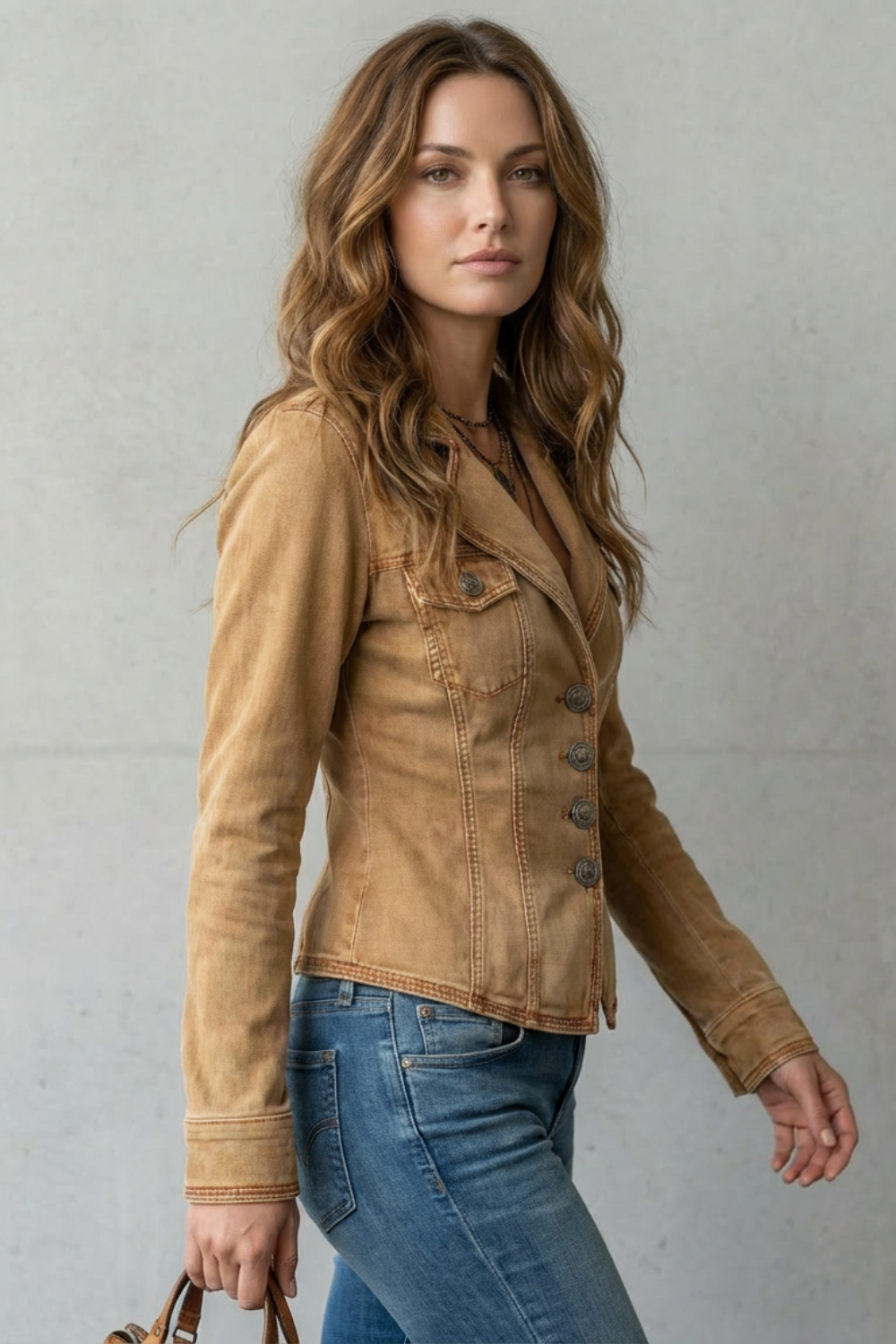 Isaena | Brown Denim Blazer with Sculpted Seams
