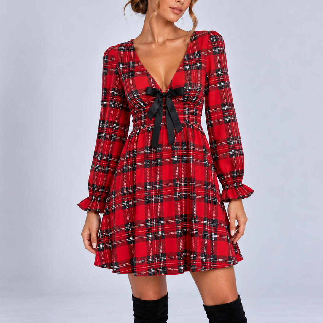 Isanne | Plaid Bow Christmas Mini Dress