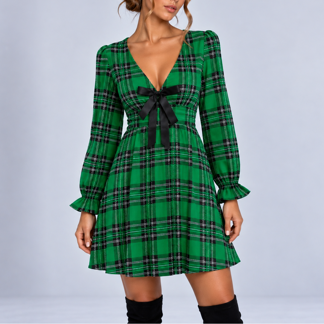 Isanne | Plaid Bow Christmas Mini Dress