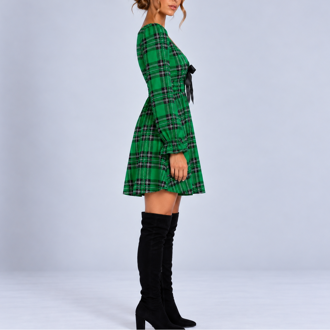 Isanne | Plaid Bow Christmas Mini Dress