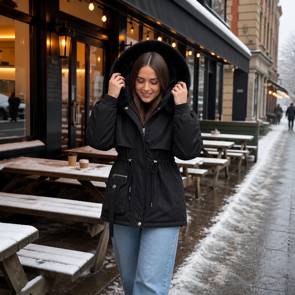 Kaeine | Double Layer Puffer Coat with Faux Fur Hood