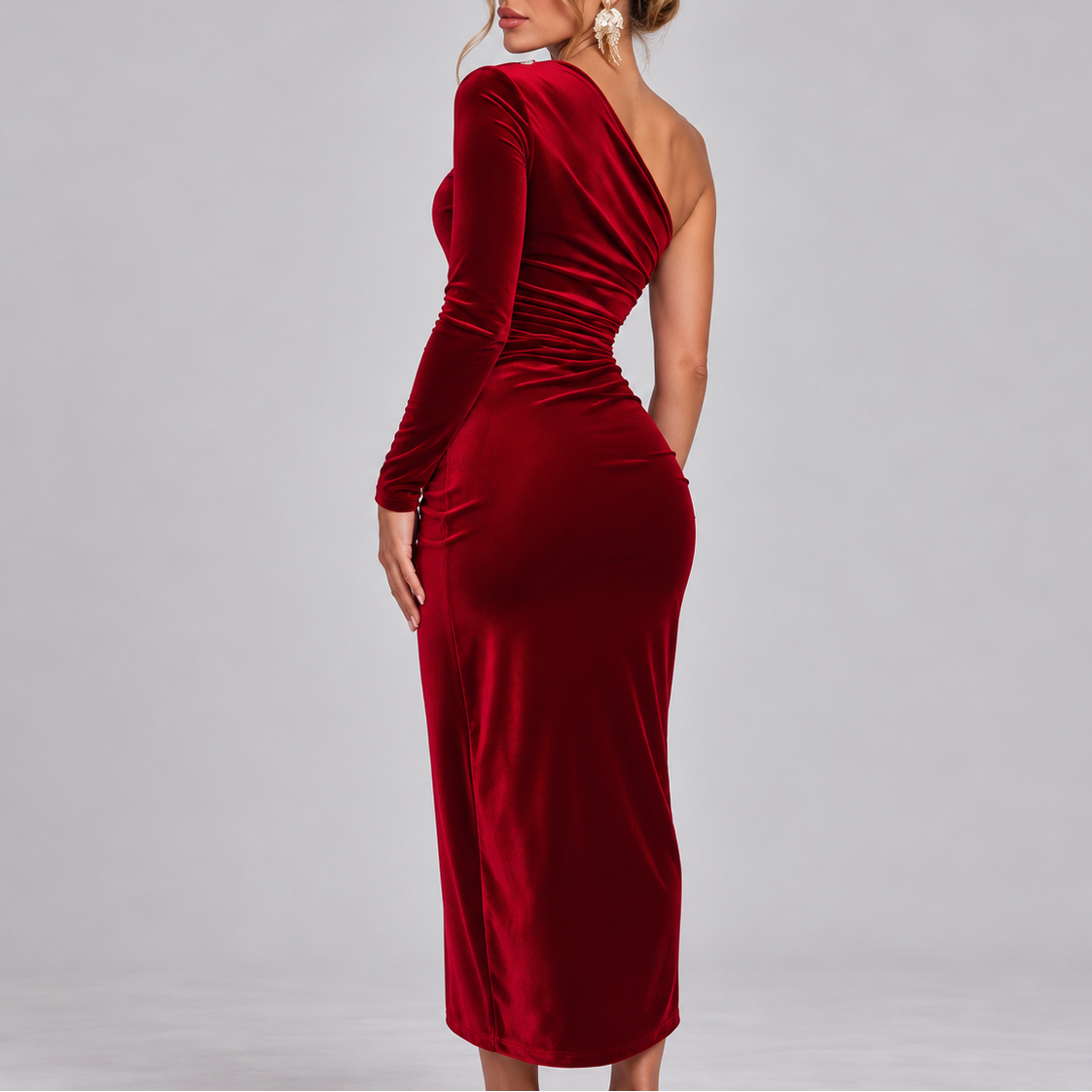 Kaelle | One Shoulder Velvet Christmas Midi Dress