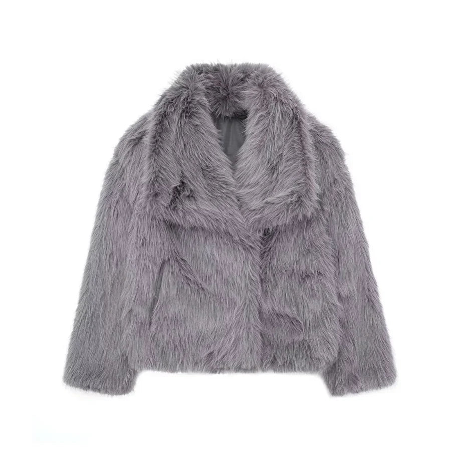 Kaenne | Short Faux Fur Coat with Wide Lapels