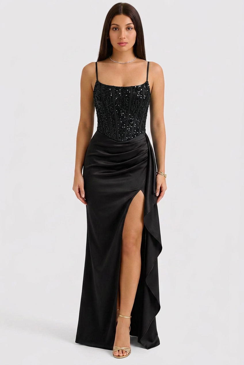 Kaette | Sequin Corset Evening Dress with Satin Skirt