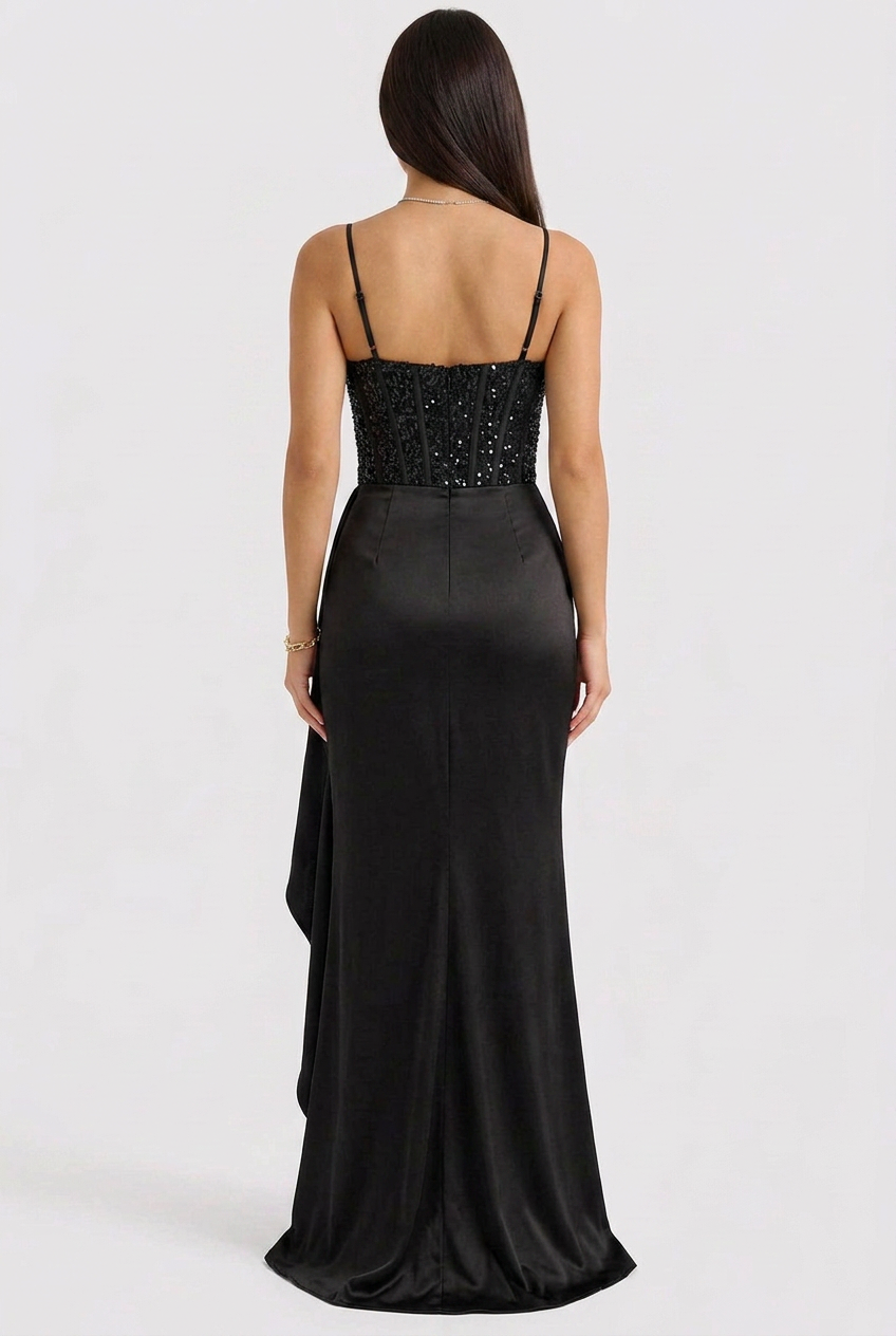 Kaette | Sequin Corset Evening Dress with Satin Skirt