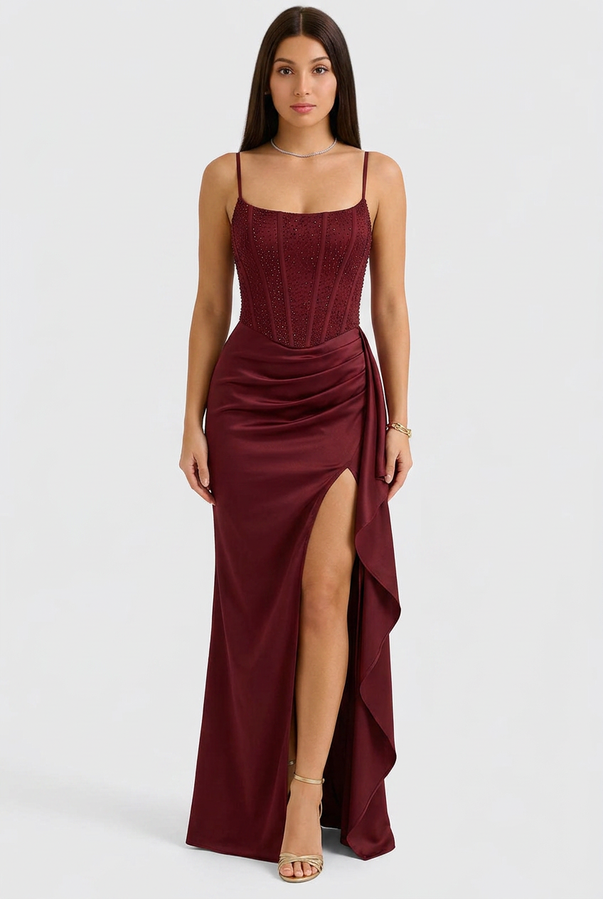 Kaette | Sequin Corset Evening Dress with Satin Skirt