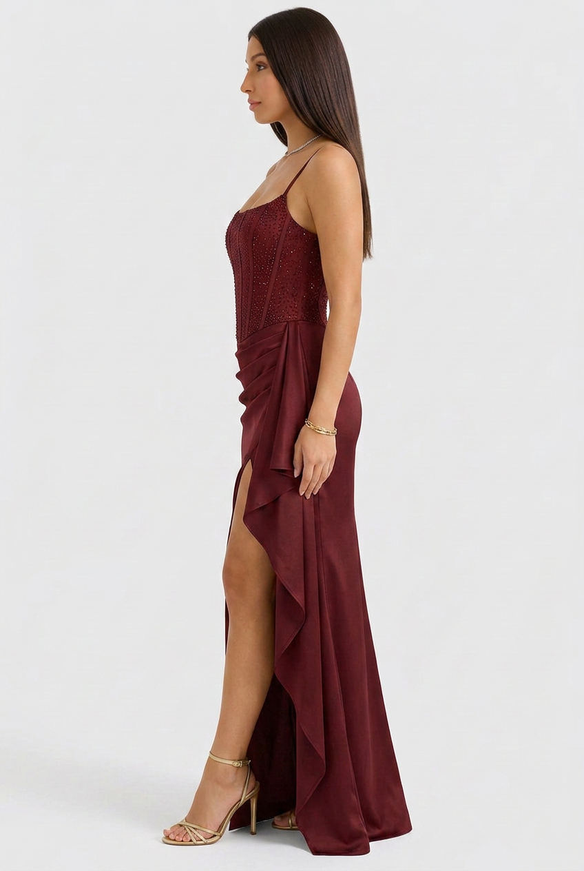 Kaette | Sequin Corset Evening Dress with Satin Skirt