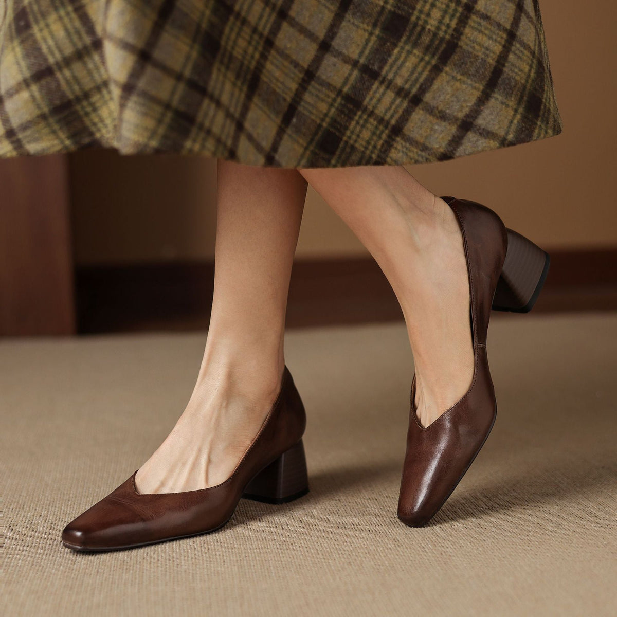 Lauine | Square-Toe Leather Block Heel Pumps