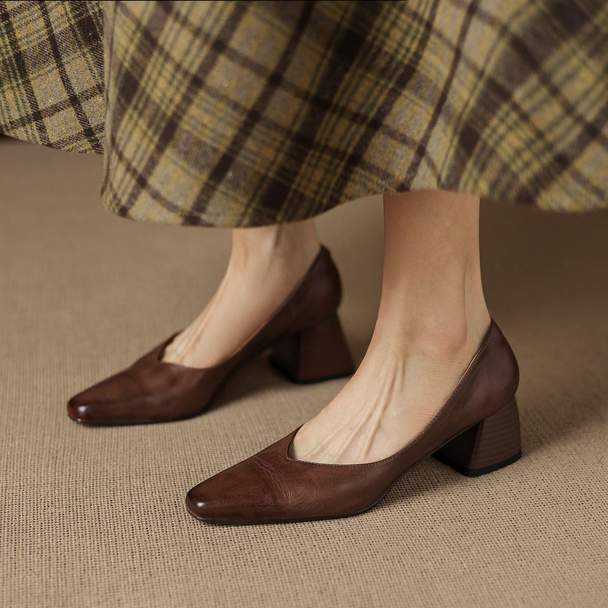Lauine | Square-Toe Leather Block Heel Pumps