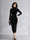 Lirisse | Black Velvet High Neck Ruched Midi Dress