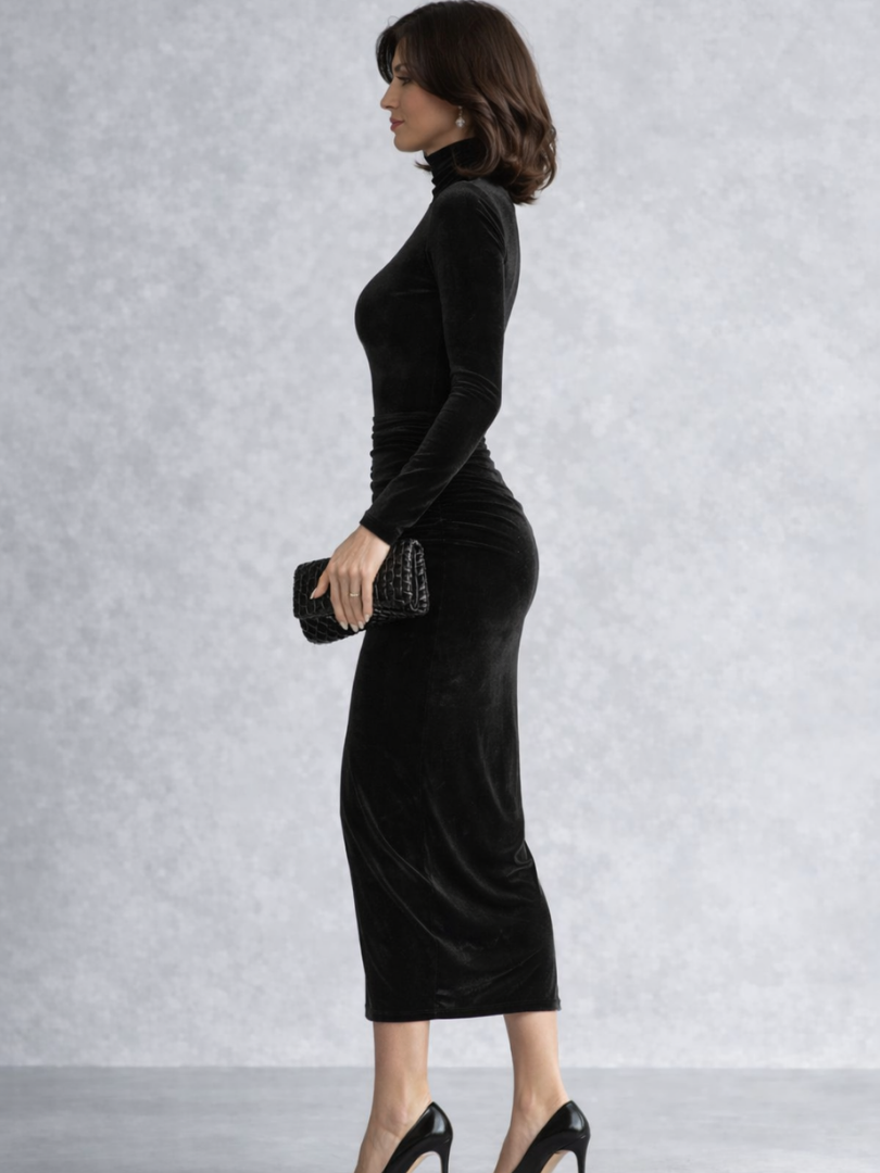 Lirisse | Black Velvet High Neck Ruched Midi Dress