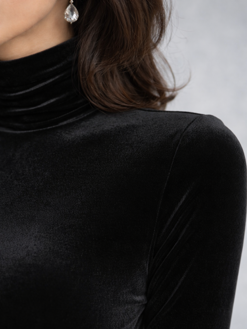 Lirisse | Black Velvet High Neck Ruched Midi Dress