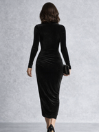 Lirisse | Black Velvet High Neck Ruched Midi Dress