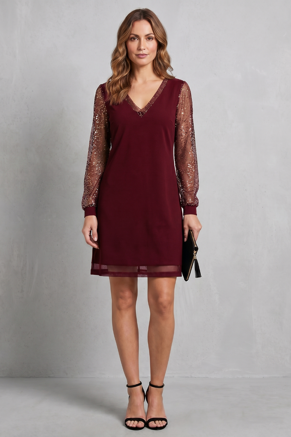 Maeine | Mini Dress with Sheer Sparkle Sleeves