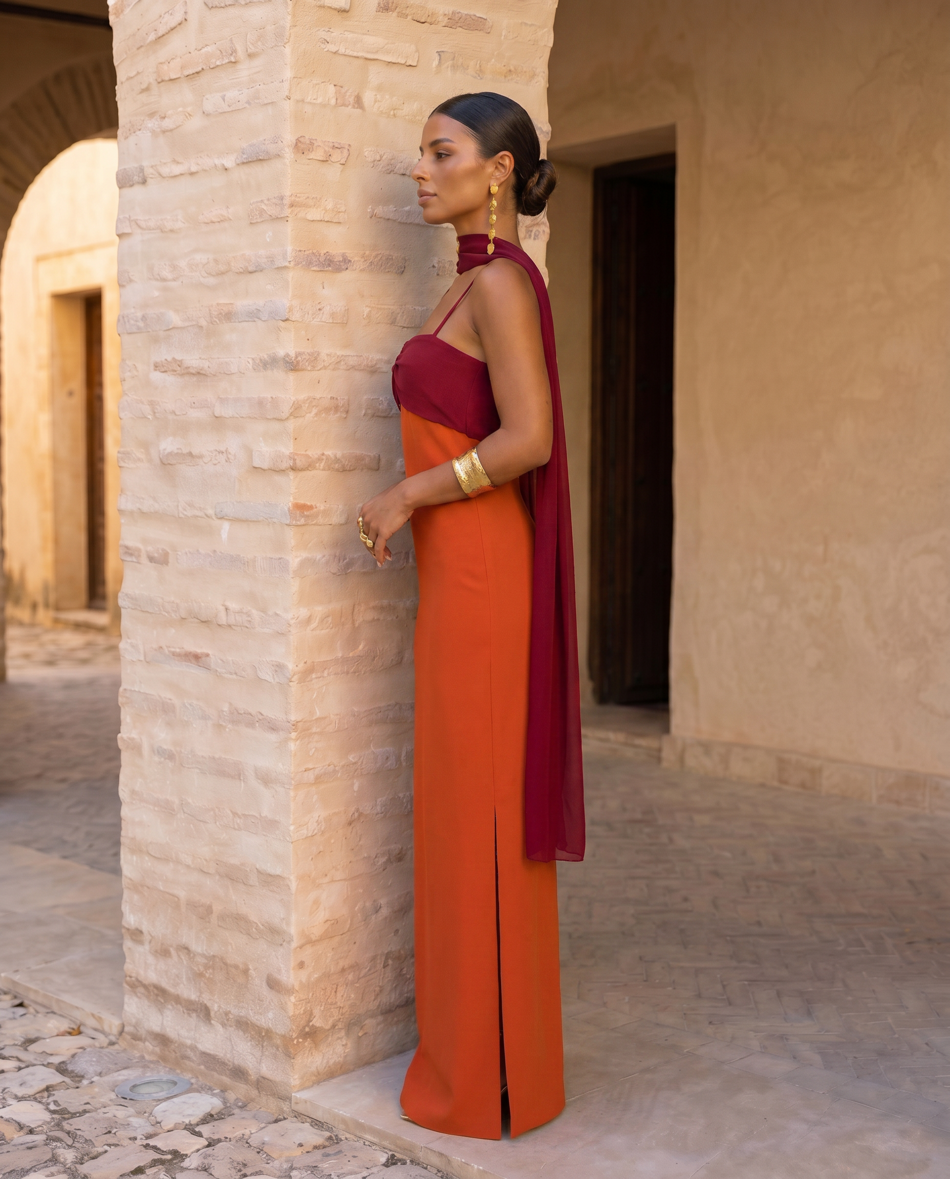 Valencia™ | Color-Block Draped Dress with High Neckline