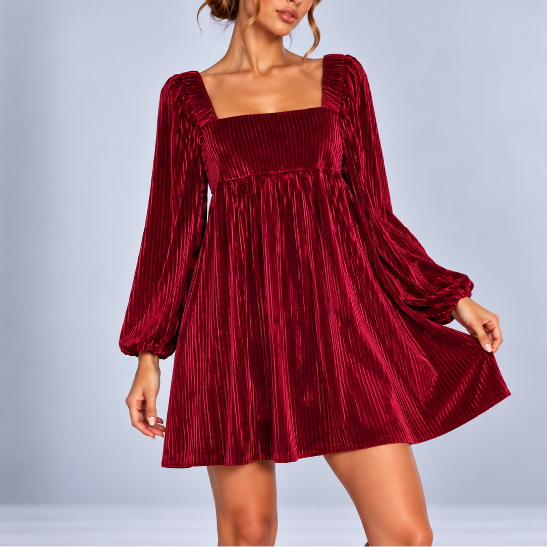 Marenne | Square Neck Velvet Christmas Mini Dress Puff Sleeve