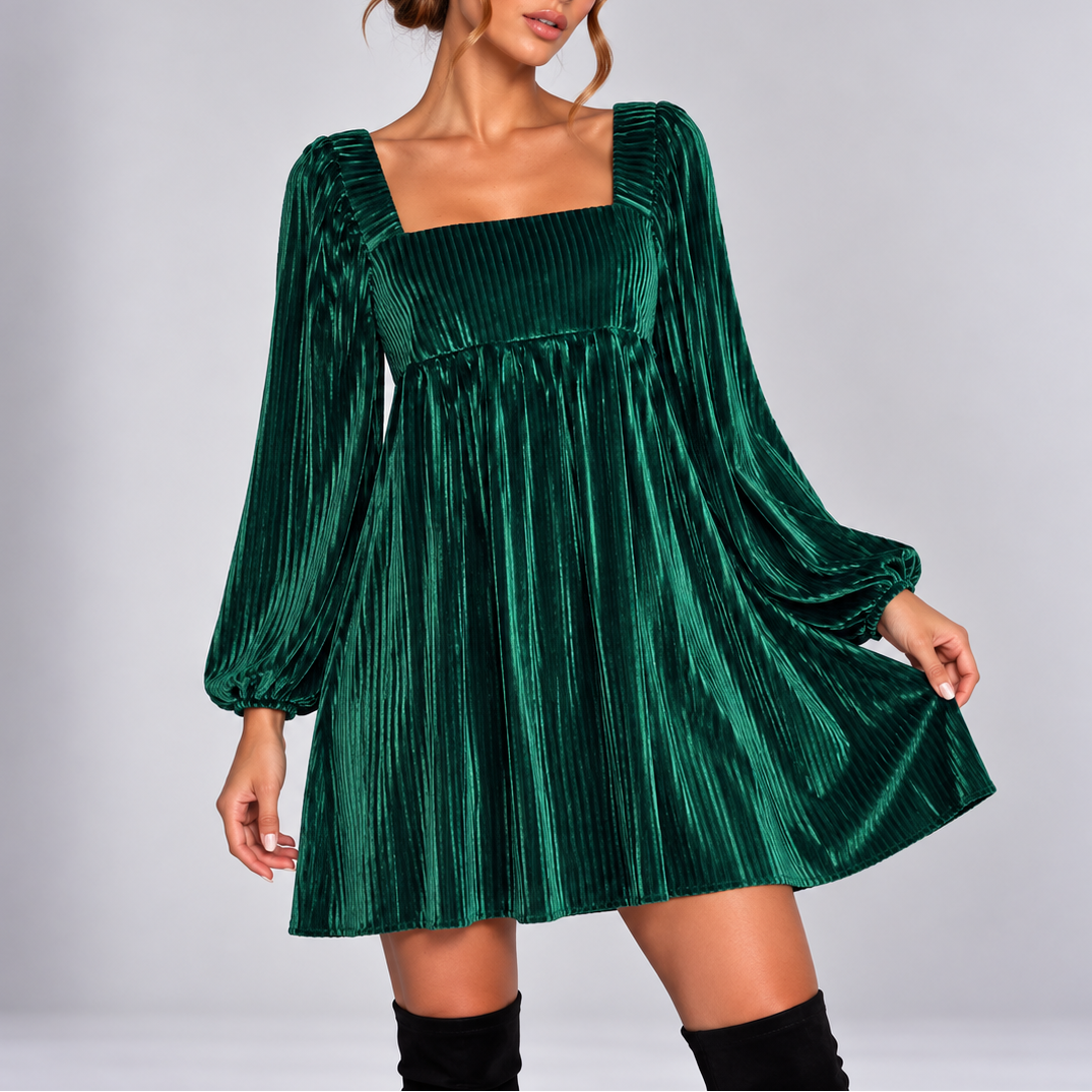 Marenne | Square Neck Velvet Christmas Mini Dress Puff Sleeve