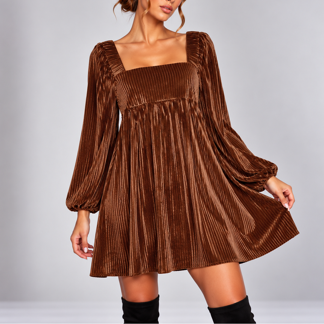 Marenne | Square Neck Velvet Christmas Mini Dress Puff Sleeve