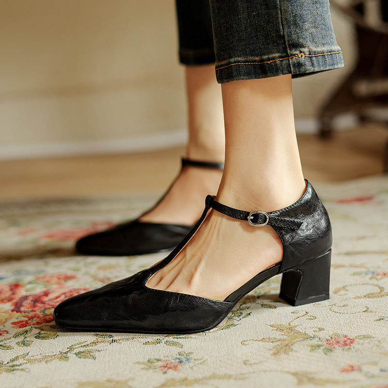 Marora | T-Strap Leather Mary Jane Block Heels
