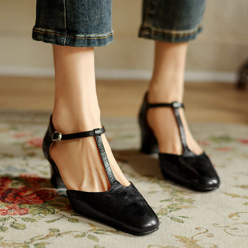 Marora | T-Strap Leather Mary Jane Block Heels