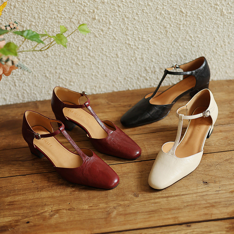 Marora | T-Strap Leather Mary Jane Block Heels