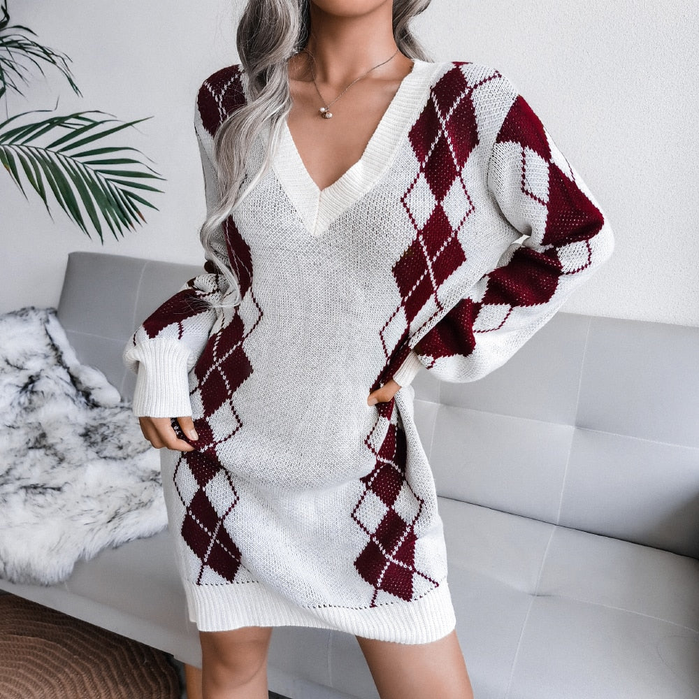 Nelara | Printed V-Neck Knit Sweater Dress
